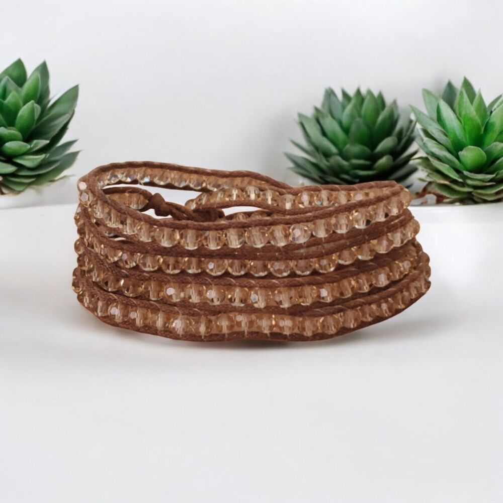 Faceted Glass Leather Wrap Bracelet 27 in Brown Button Closure